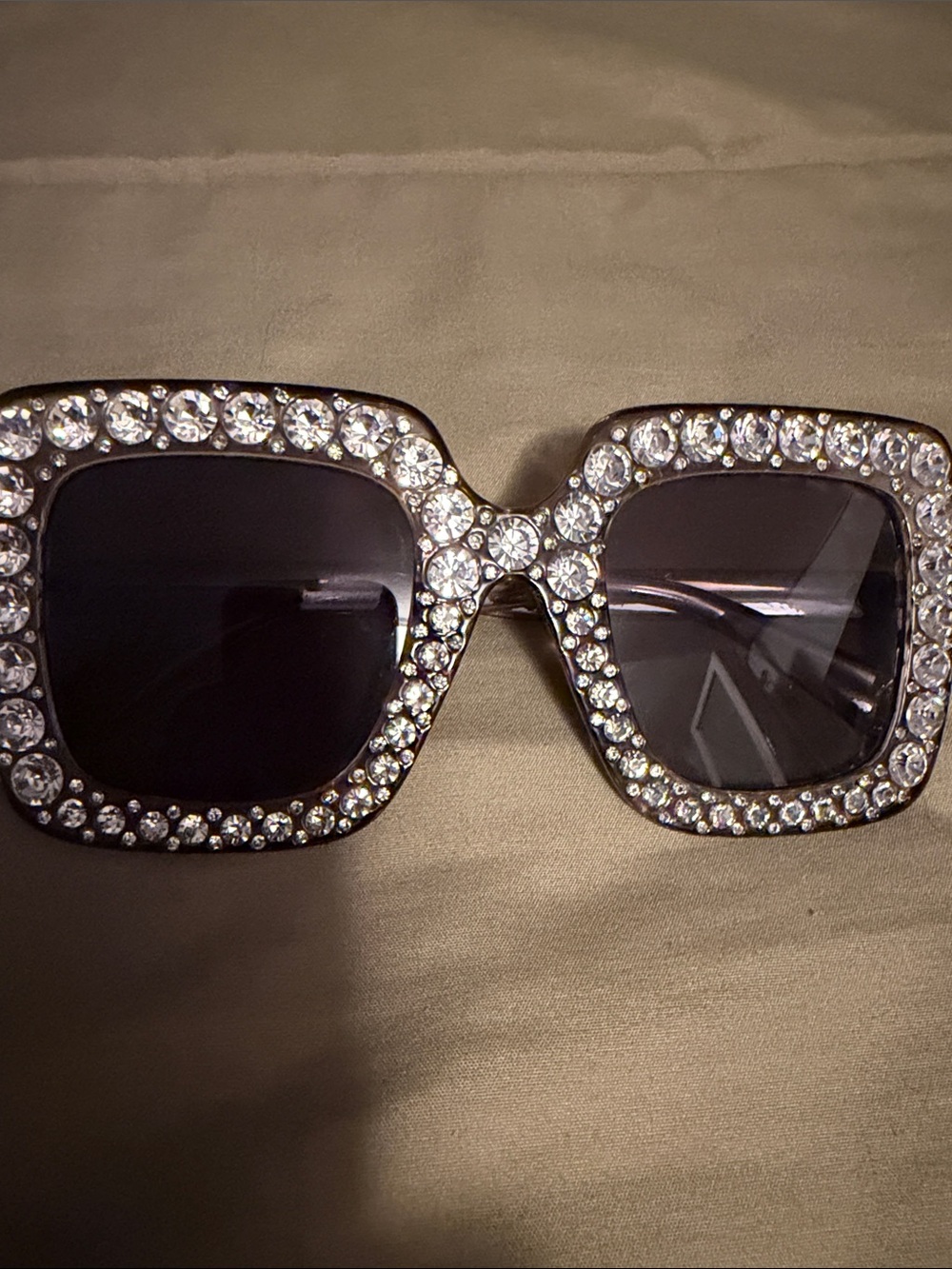 Rhinestone Square Frame Sunglasses - Black